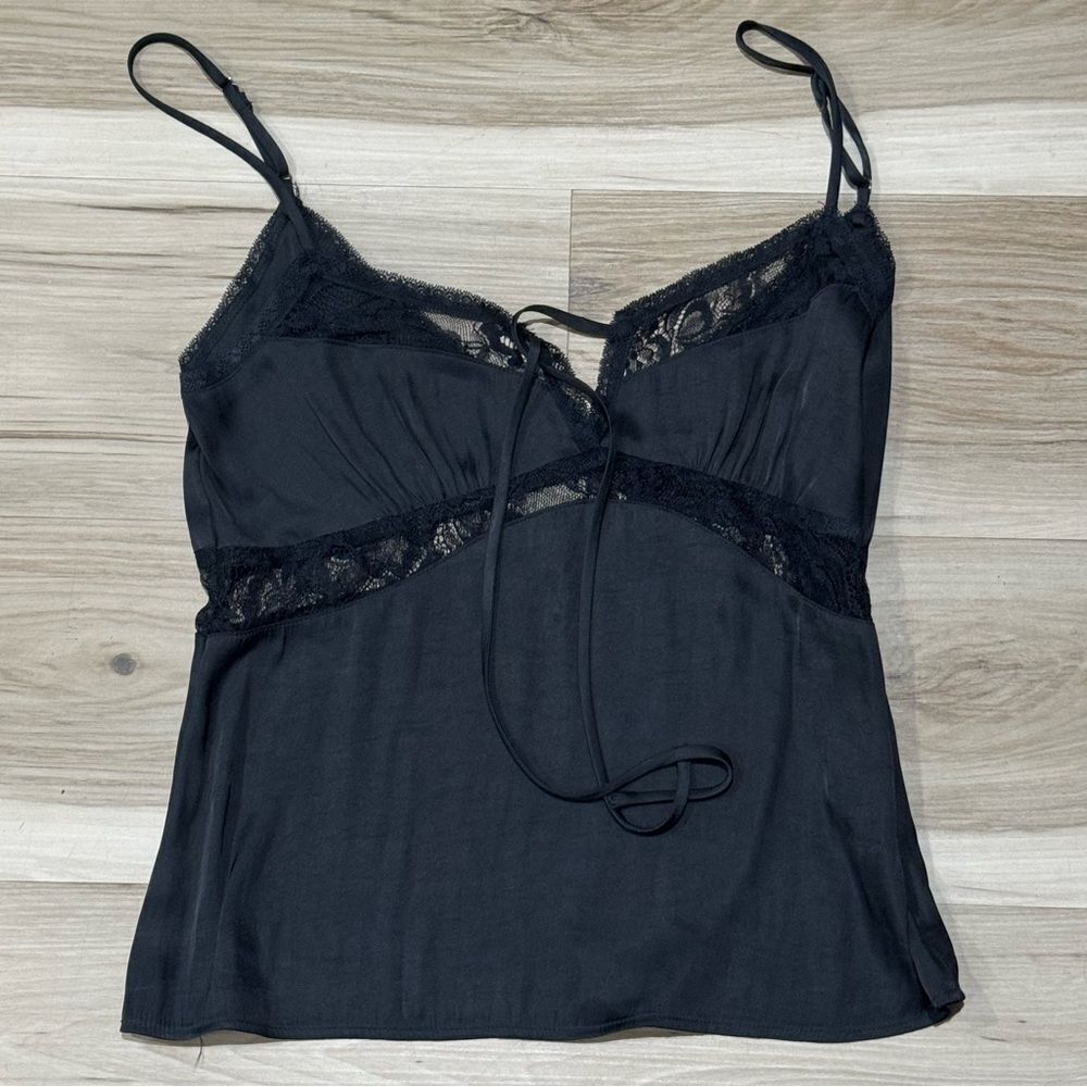 Anthropologie Elodie Black Satin Tie Front Cami Tank Top Women’s Small